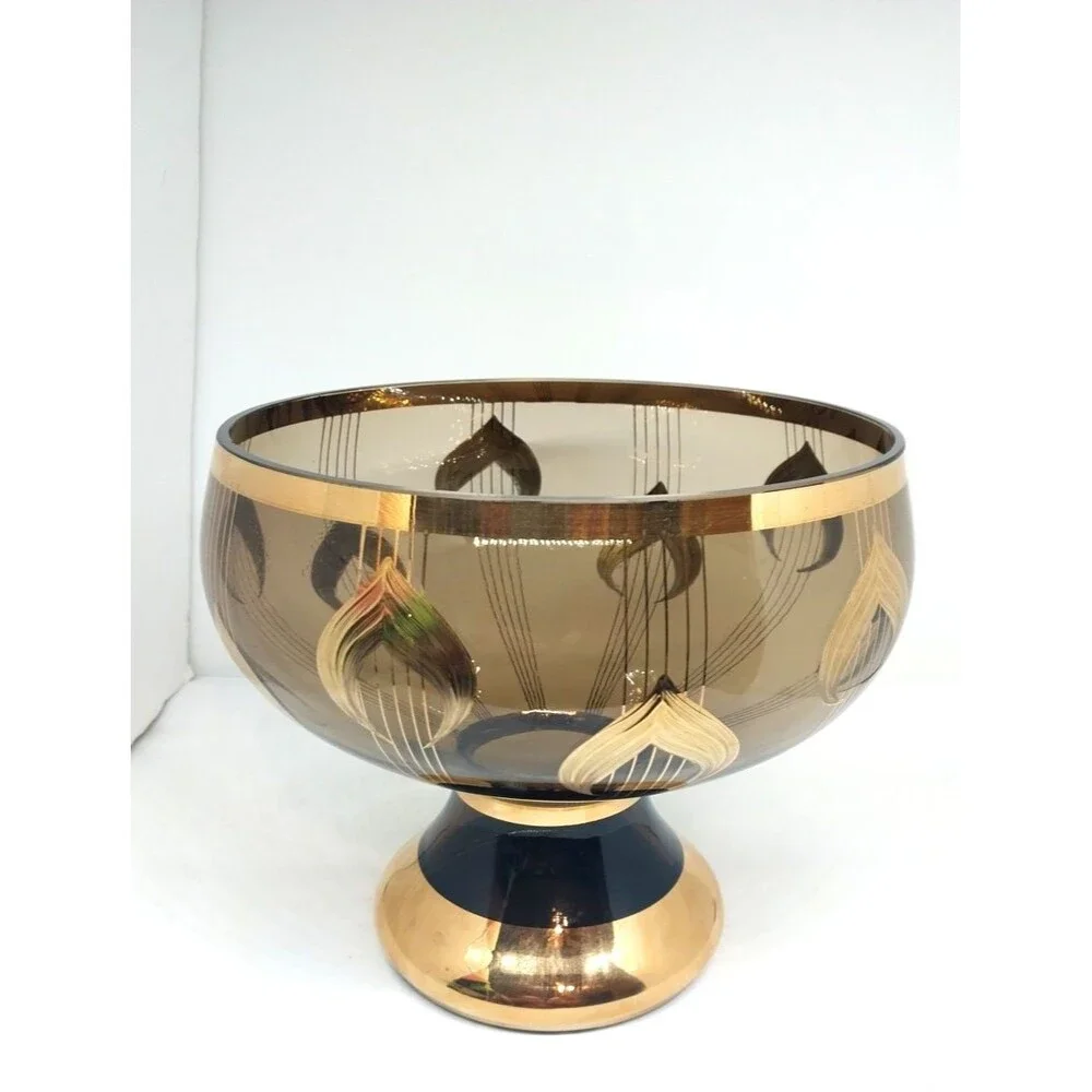 Vintage Large 1970's Murmac Bohemia Glass and Gold Fruit Pedestal Bowl